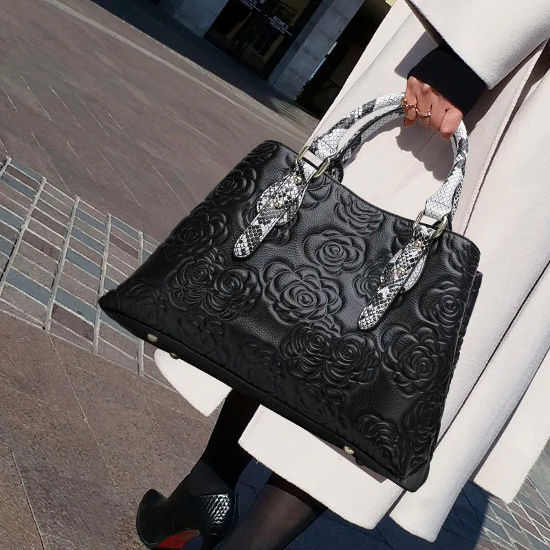 Aidrani Rose Embossed Leather Tote with Snakeskin Handles