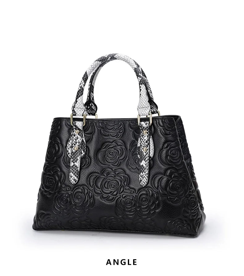 Aidrani Rose Embossed Leather Tote with Snakeskin Handles