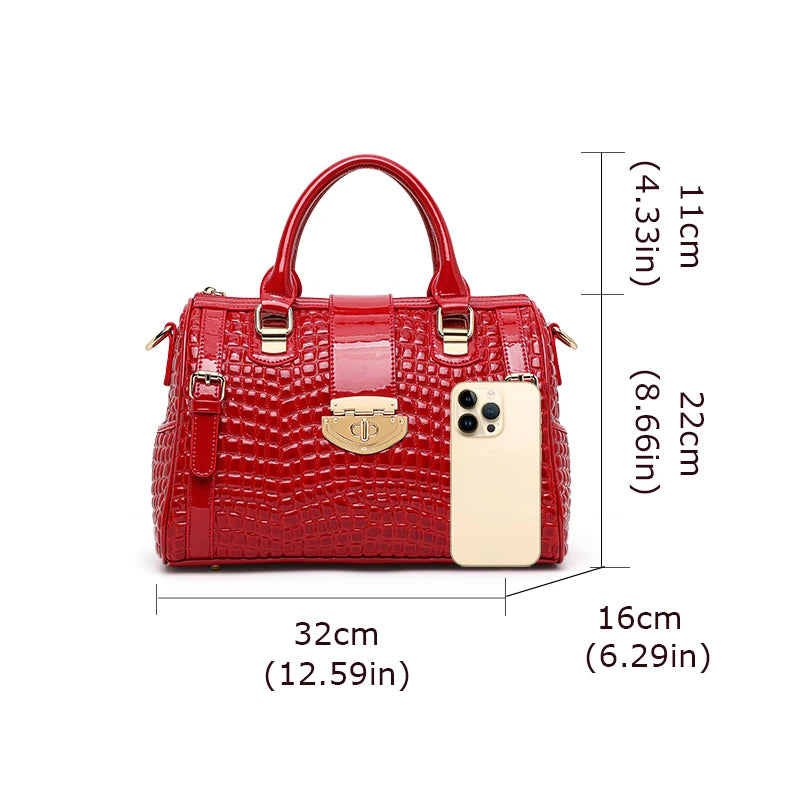Aidrani Red Croc-Embossed Cowhide Boston Bag