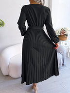 Women Elegant V Neck Long Sleeve Pleated Maxi Dress -  by Hey Whoops Store | Available at Handbags Specialist Headquarter
