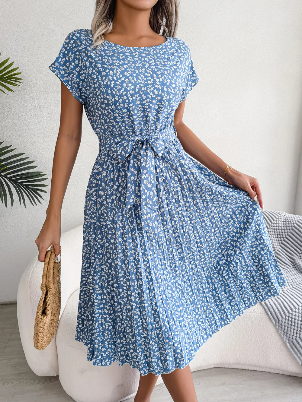 Women Spring Summer Short Sleeve High Waist Chic Dress Fashion Floral Pleated A Line Long Dress -  by Hey Whoops Store | Available at Handbags Specialist Headquarter