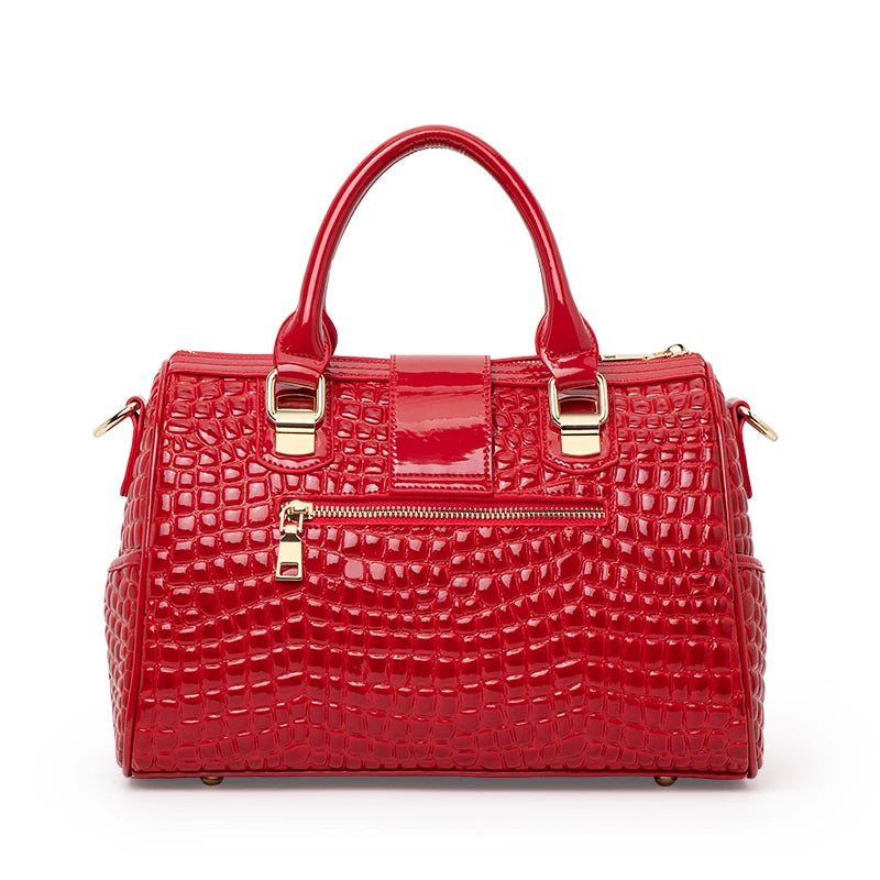 Aidrani Red Croc-Embossed Cowhide Boston Bag