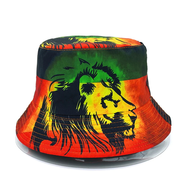 Rasta lion reversible bucket hat with One Love print and outdoor sun protection