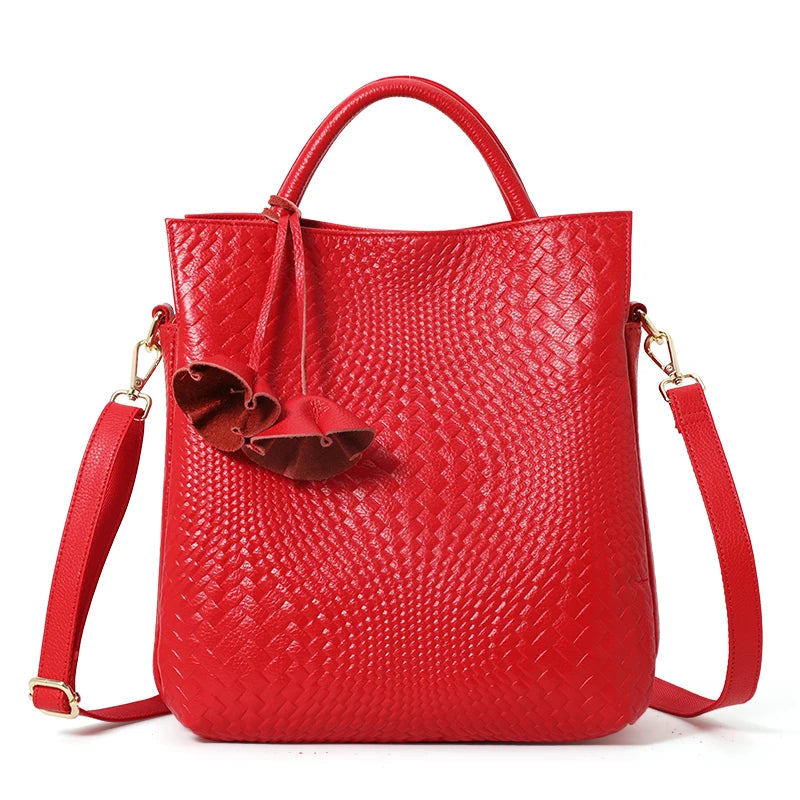 Aidrani genuine leather women's handbag with woven pattern and large interior capacity