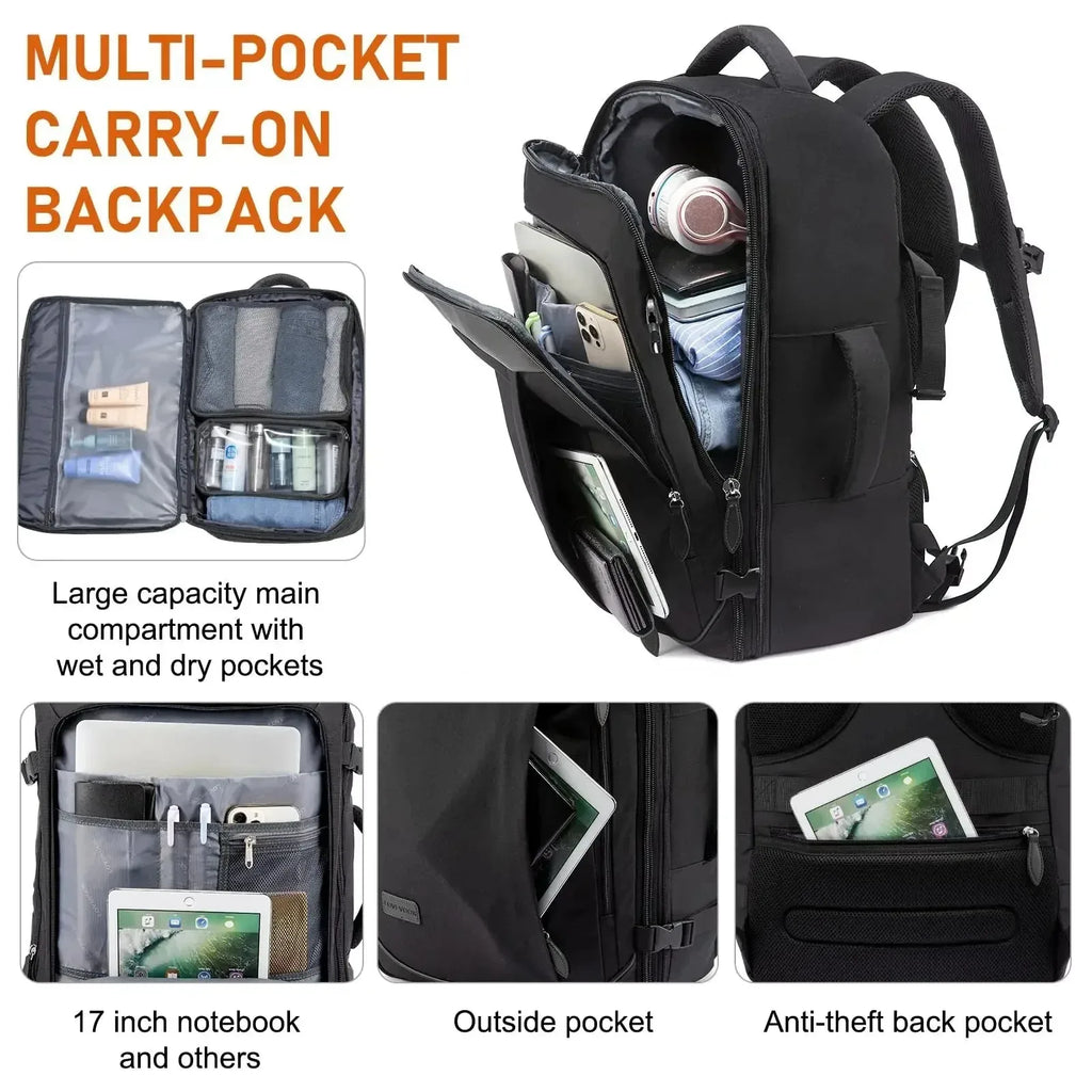 40L expandable waterproof travel backpack with laptop compartment and suitcase-style opening