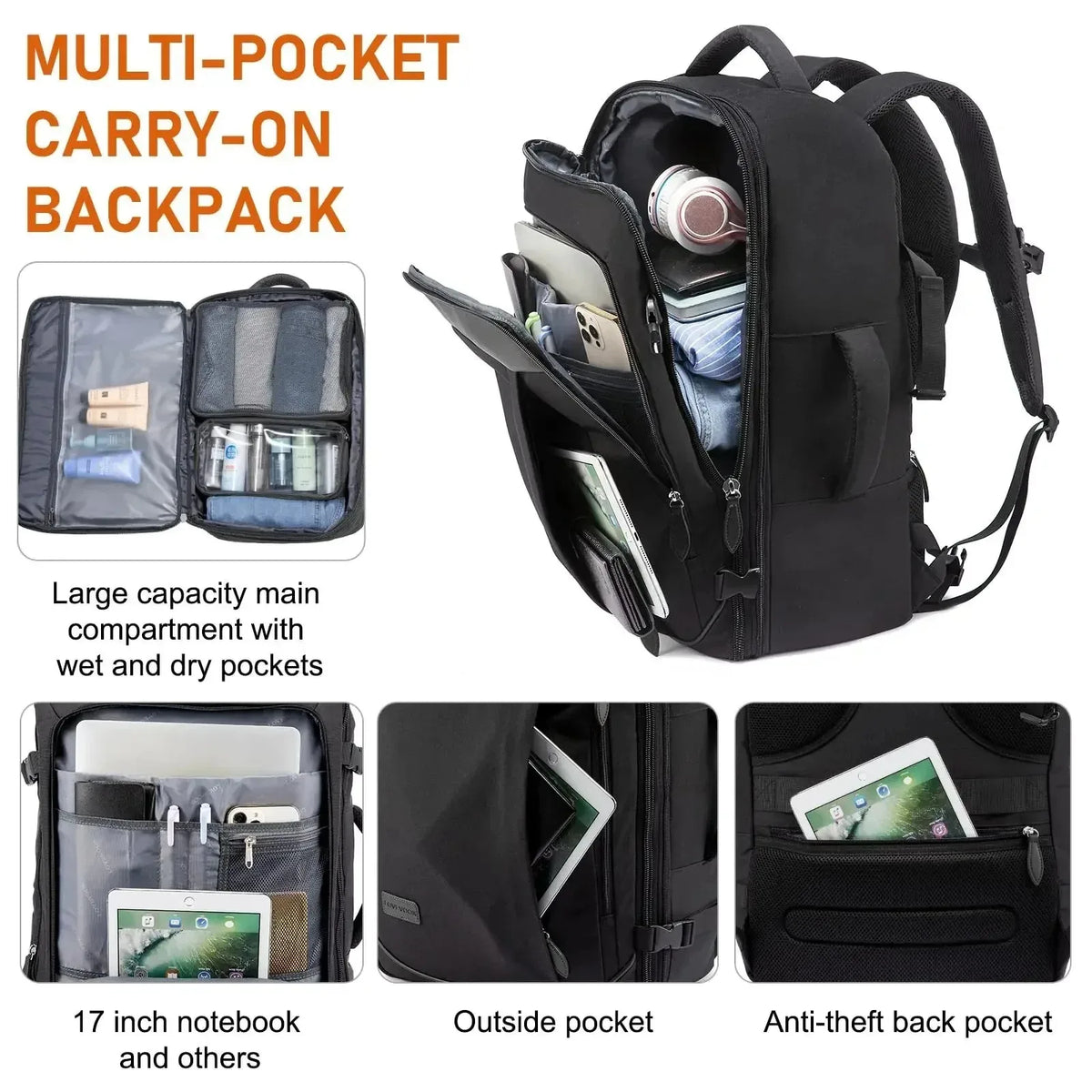 40L expandable waterproof travel backpack with laptop compartment and suitcase-style opening
