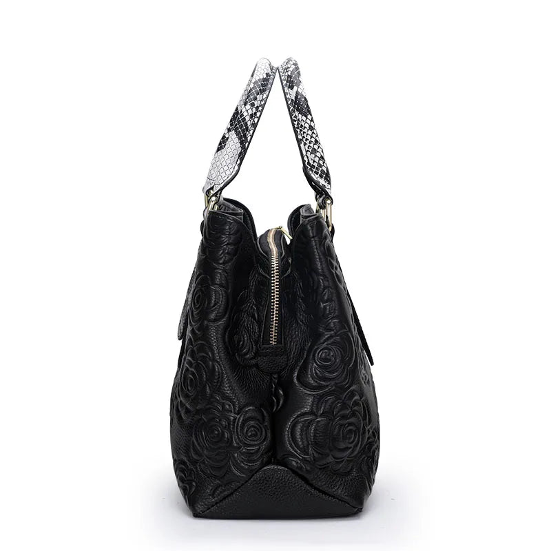 Aidrani Rose Embossed Leather Tote with Snakeskin Handles