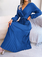 Women Elegant V Neck Long Sleeve Pleated Maxi Dress -  by Hey Whoops Store | Available at Handbags Specialist Headquarter