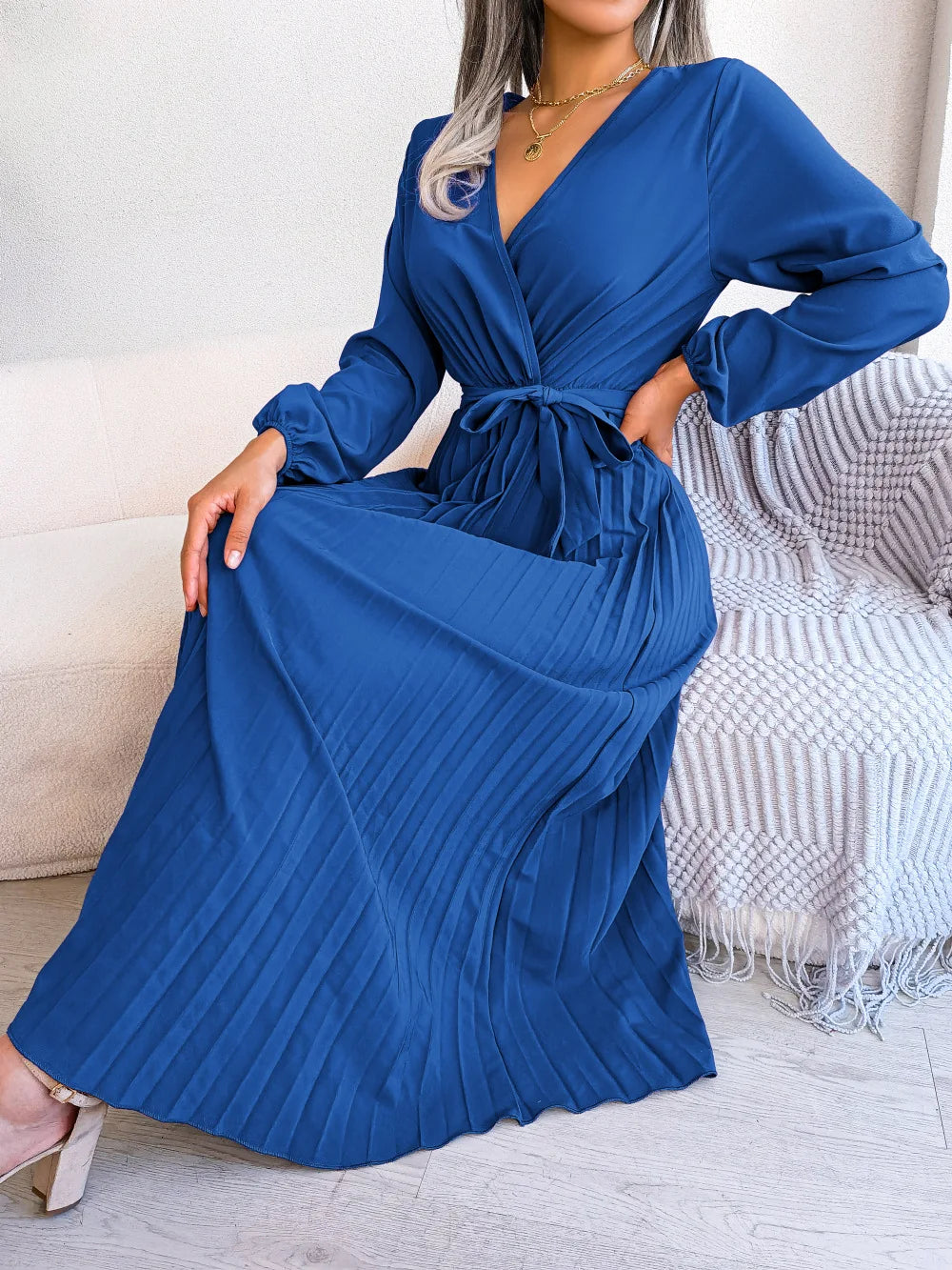Women Elegant V Neck Long Sleeve Pleated Maxi Dress -  by Hey Whoops Store | Available at Handbags Specialist Headquarter