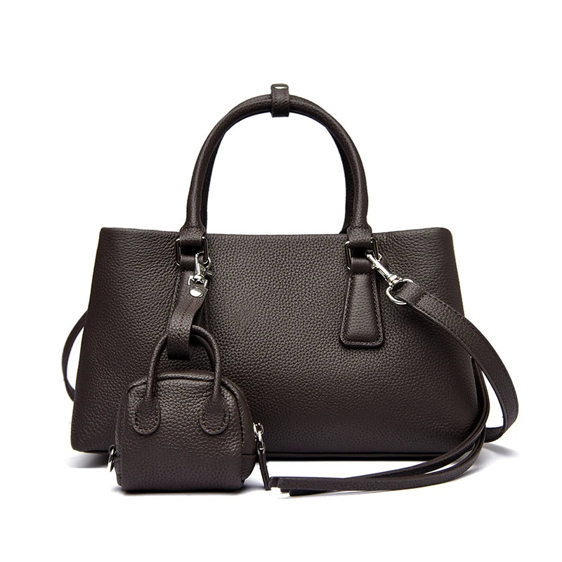 Genuine leather women's shoulder and crossbody tote with matching wallet, large capacity oxhide bag