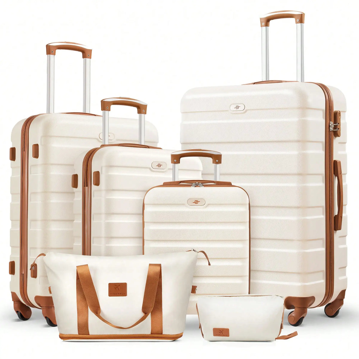 Six-piece ABS hardside luggage set with spinner wheels and two matching travel bags in multiple sizes