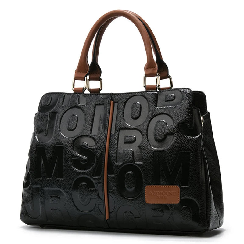 Aidrani Letter Embossed Genuine Leather Tote Bag