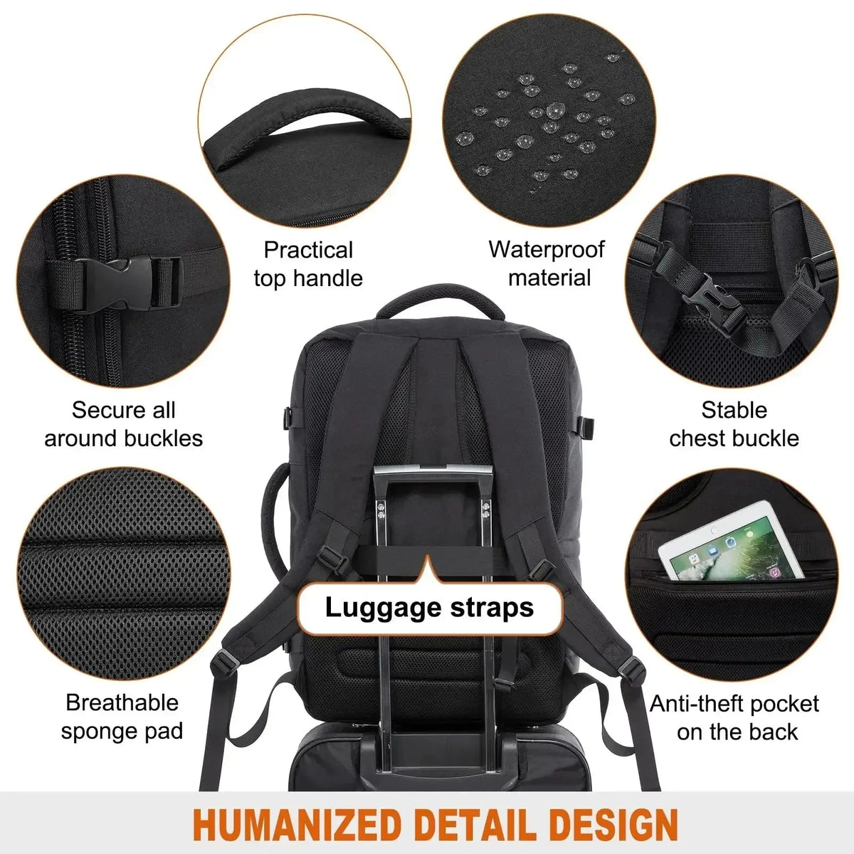 40L expandable waterproof travel backpack with laptop compartment and suitcase-style opening