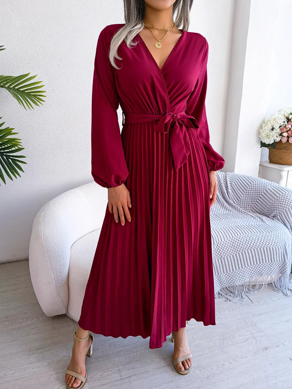 Women Elegant V Neck Long Sleeve Pleated Maxi Dress -  by Hey Whoops Store | Available at Handbags Specialist Headquarter