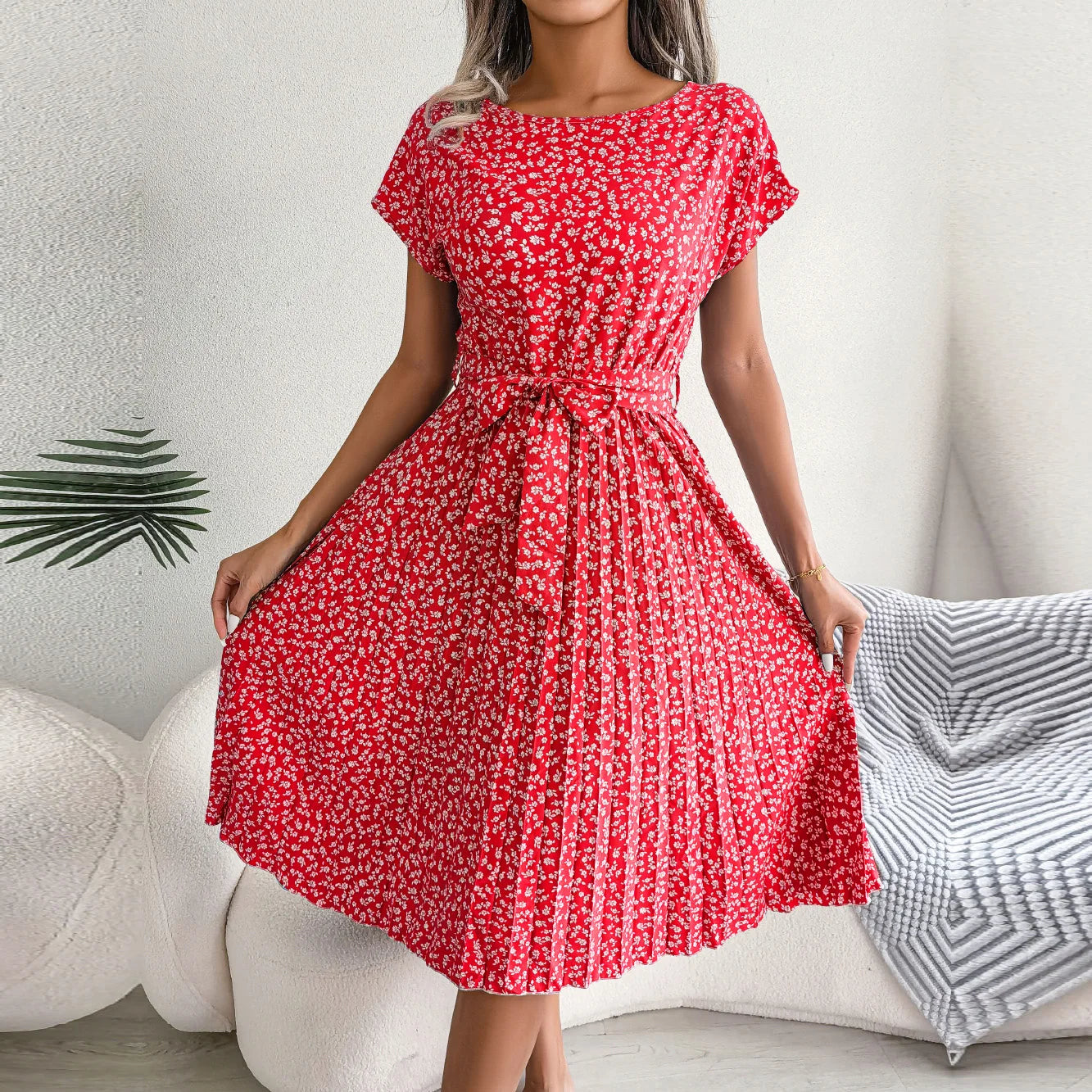 Women Spring Summer Short Sleeve High Waist Chic Dress Fashion Floral Pleated A Line Long Dress -  by Hey Whoops Store | Available at Handbags Specialist Headquarter