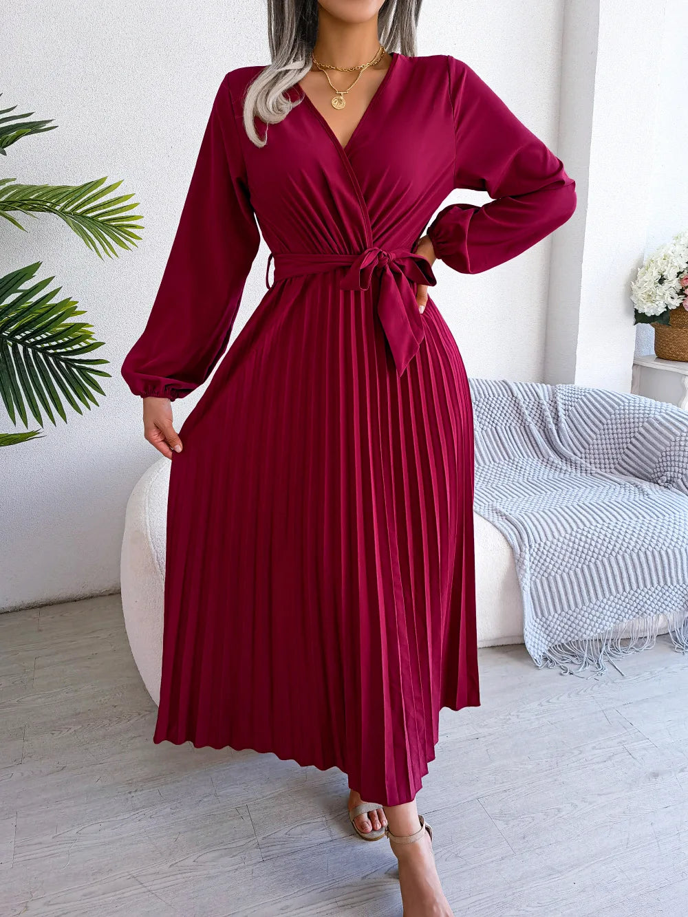 Women Elegant V Neck Long Sleeve Pleated Maxi Dress -  by Hey Whoops Store | Available at Handbags Specialist Headquarter