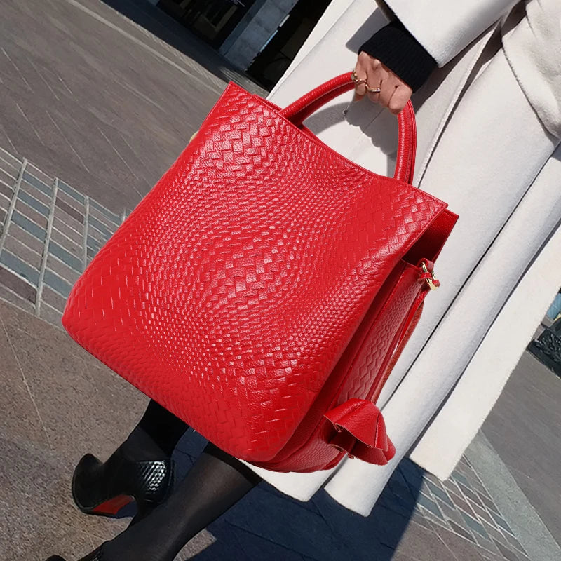Aidrani genuine leather women's handbag with woven pattern and large interior capacity