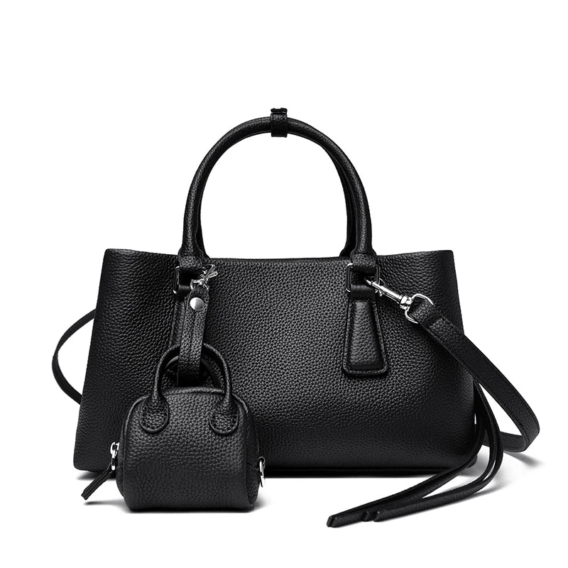 Genuine leather women's shoulder and crossbody tote with matching wallet, large capacity oxhide bag