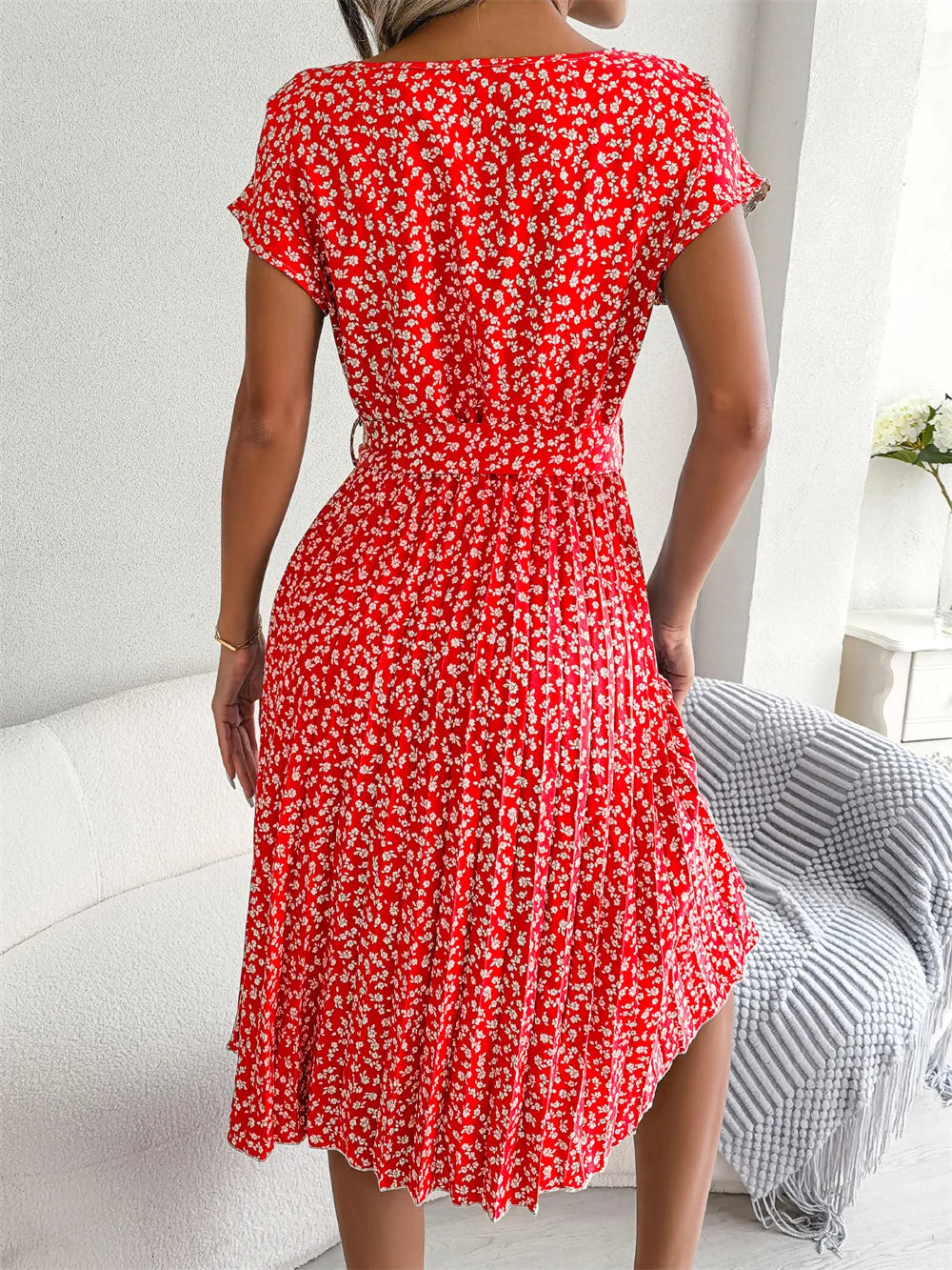 Women Spring Summer Short Sleeve High Waist Chic Dress Fashion Floral Pleated A Line Long Dress -  by Hey Whoops Store | Available at Handbags Specialist Headquarter