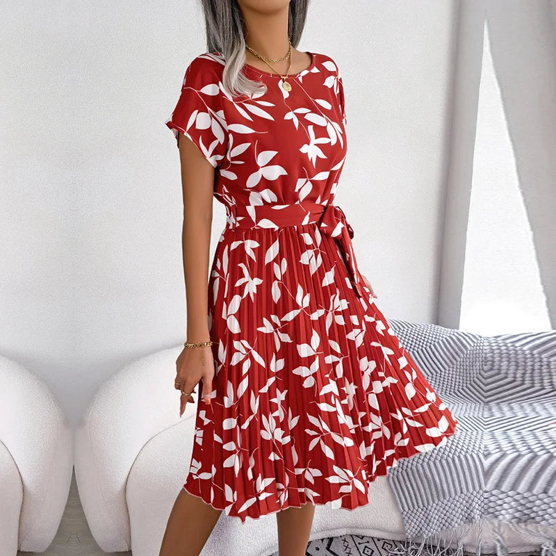 Women Spring Summer Short Sleeve High Waist Chic Dress Fashion Floral Pleated A Line Long Dress -  by Hey Whoops Store | Available at Handbags Specialist Headquarter