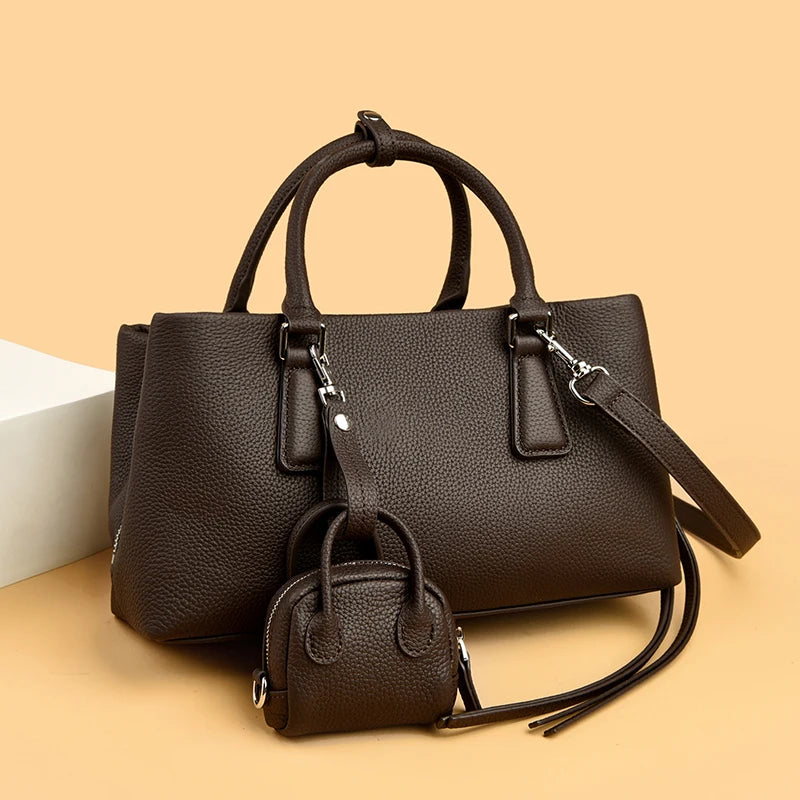 Genuine leather women's shoulder and crossbody tote with matching wallet, large capacity oxhide bag