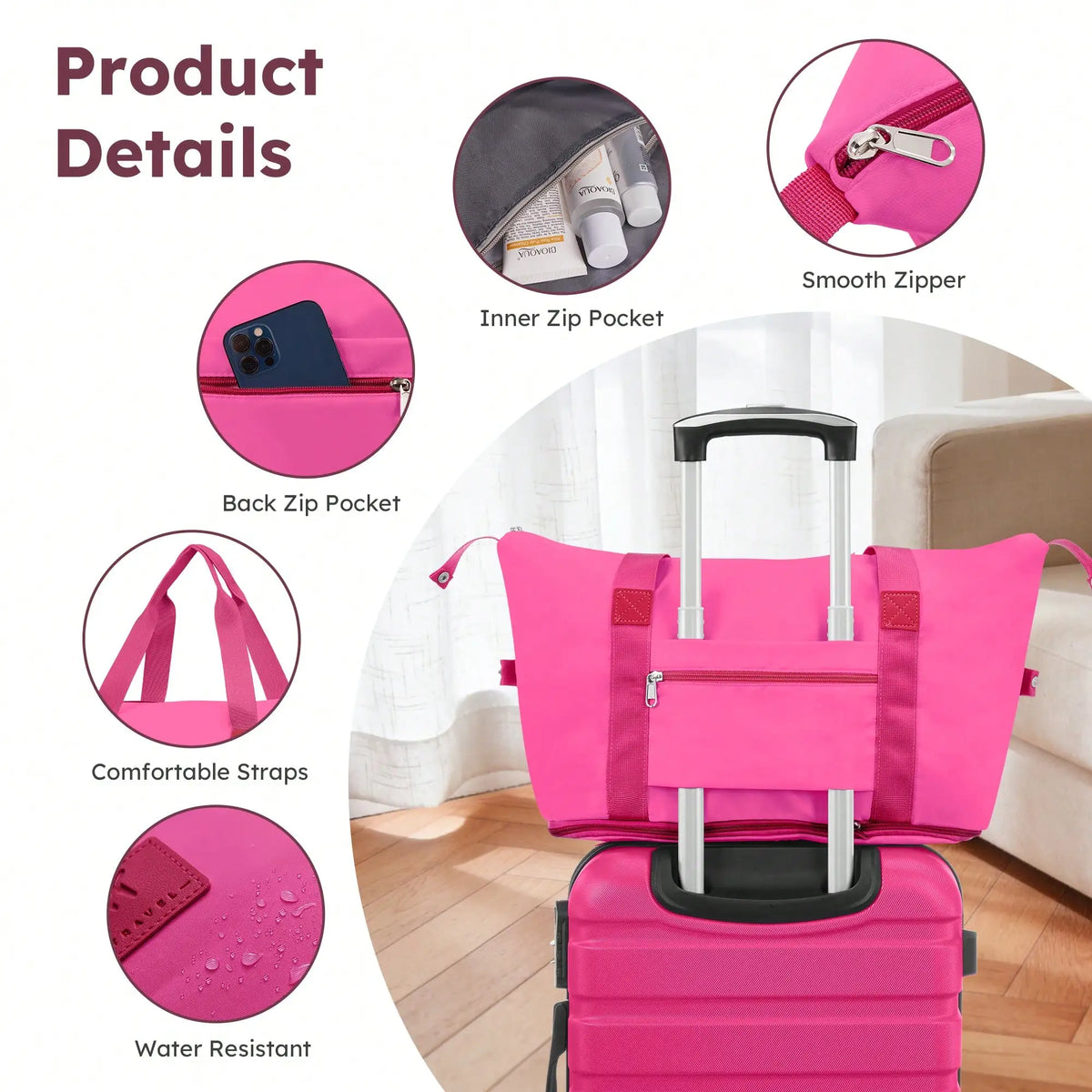 Six-piece ABS hardside luggage set with spinner wheels and two matching travel bags in multiple sizes