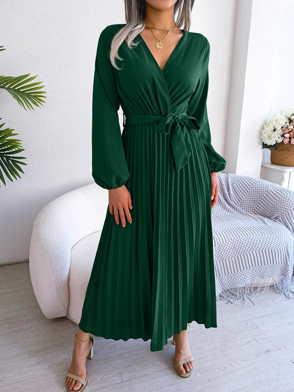 Women Elegant V Neck Long Sleeve Pleated Maxi Dress -  by Hey Whoops Store | Available at Handbags Specialist Headquarter