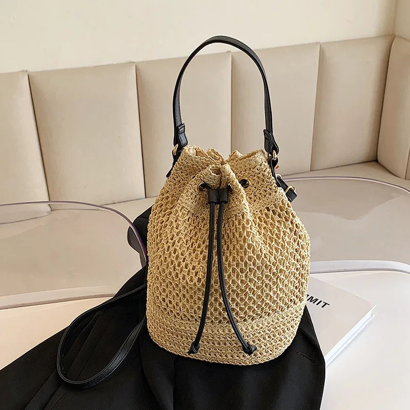 Woven Straw Bag Ladies Bucket Crossbody Bag Summer Beach Bag Retro Travel Shoulder Bags Small Travel Purse and Handbag For Women - Tote Bag by eprolo | Available at Handbags Specialist Headquarter