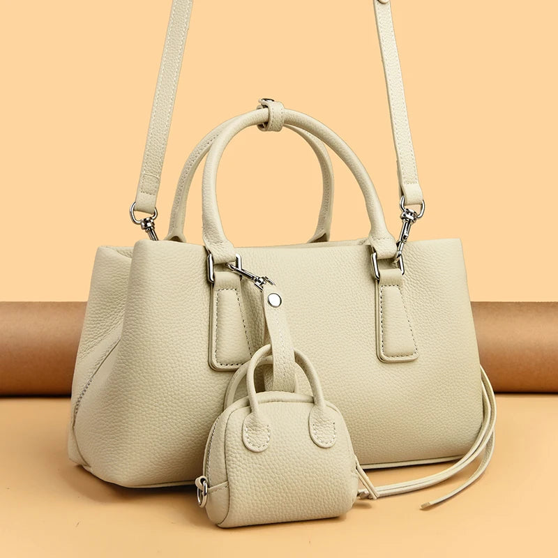 Genuine leather women's shoulder and crossbody tote with matching wallet, large capacity oxhide bag