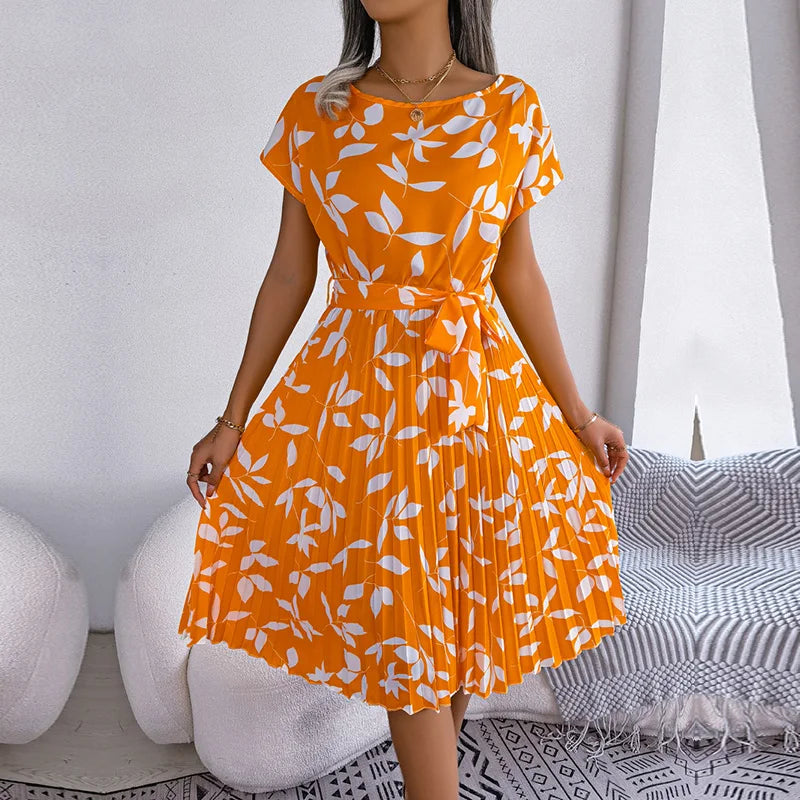 Women Spring Summer Short Sleeve High Waist Chic Dress Fashion Floral Pleated A Line Long Dress -  by Hey Whoops Store | Available at Handbags Specialist Headquarter