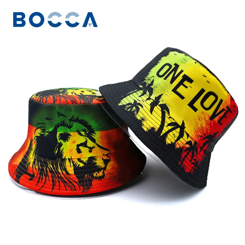 Rasta lion reversible bucket hat with One Love print and outdoor sun protection