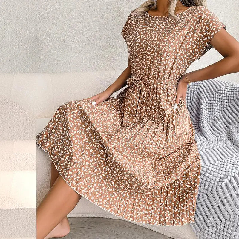 Women Spring Summer Short Sleeve High Waist Chic Dress Fashion Floral Pleated A Line Long Dress -  by Hey Whoops Store | Available at Handbags Specialist Headquarter