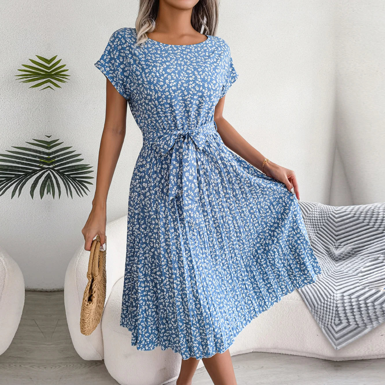 Women Spring Summer Short Sleeve High Waist Chic Dress Fashion Floral Pleated A Line Long Dress -  by Hey Whoops Store | Available at Handbags Specialist Headquarter