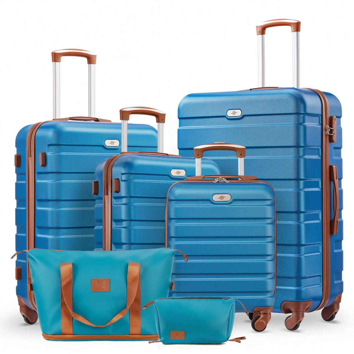 Six-piece ABS hardside luggage set with spinner wheels and two matching travel bags in multiple sizes