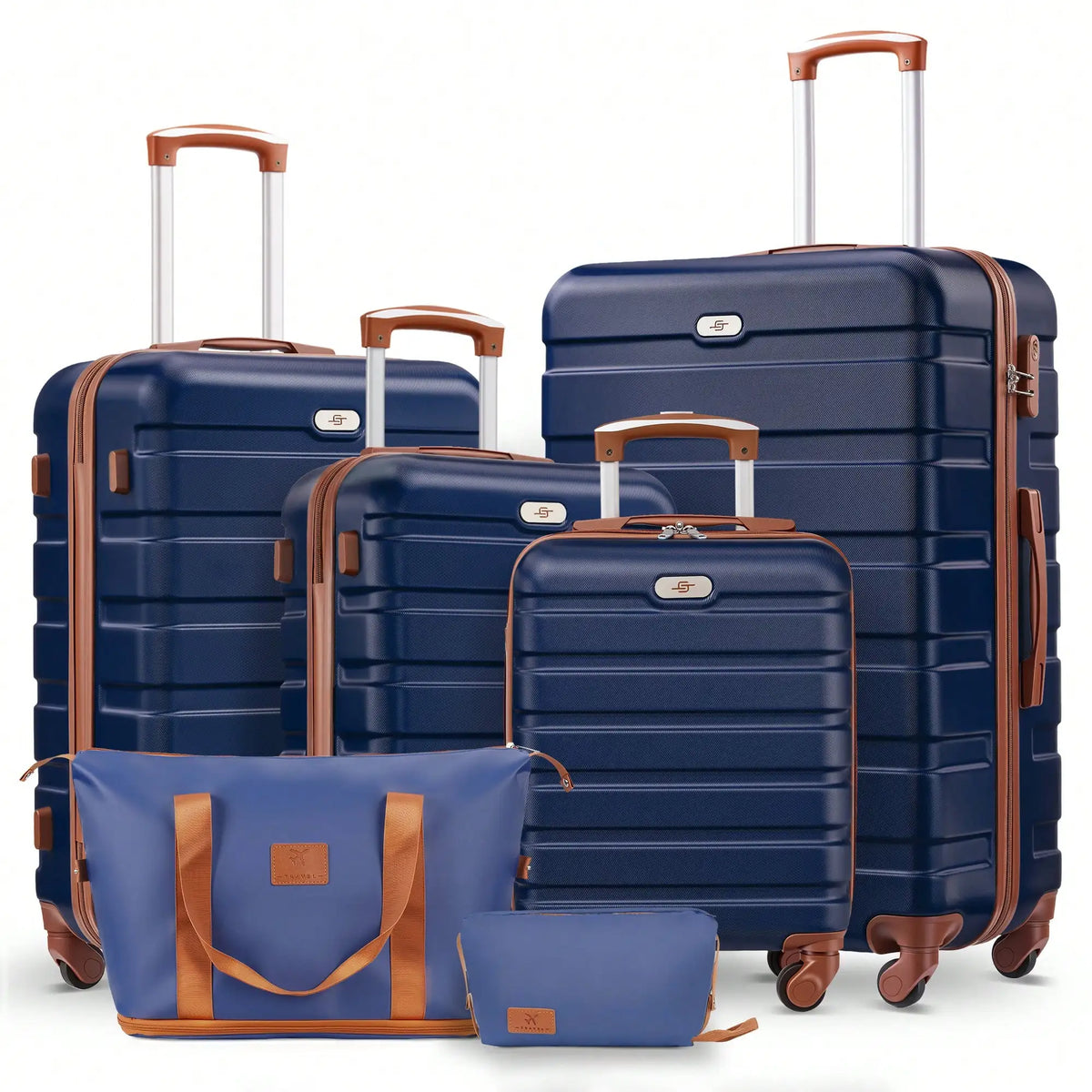Six-piece ABS hardside luggage set with spinner wheels and two matching travel bags in multiple sizes