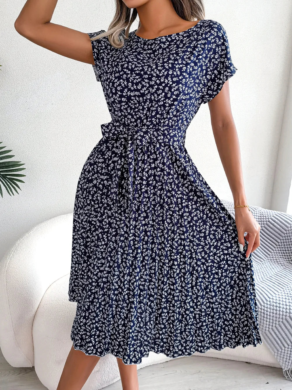 Women Spring Summer Short Sleeve High Waist Chic Dress Fashion Floral Pleated A Line Long Dress -  by Hey Whoops Store | Available at Handbags Specialist Headquarter