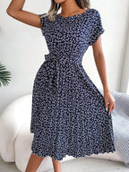 Women Spring Summer Short Sleeve High Waist Chic Dress Fashion Floral Pleated A Line Long Dress -  by Hey Whoops Store | Available at Handbags Specialist Headquarter