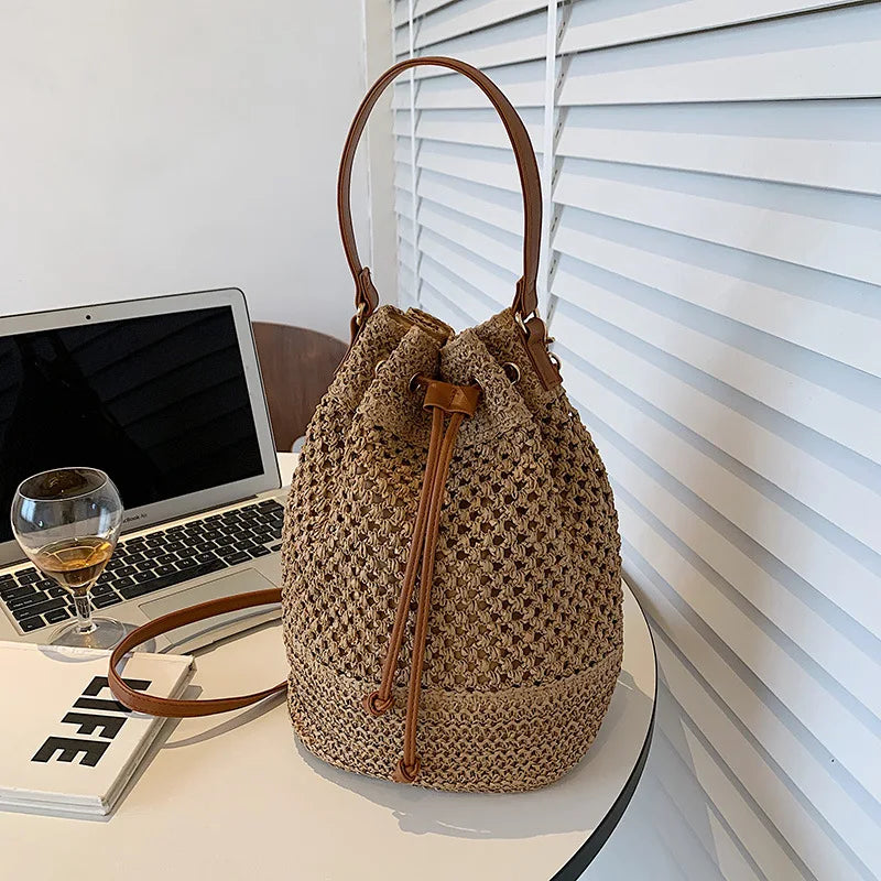 Woven Straw Bag Ladies Bucket Crossbody Bag Summer Beach Bag Retro Travel Shoulder Bags Small Travel Purse and Handbag For Women - Tote Bag by eprolo | Available at Handbags Specialist Headquarter