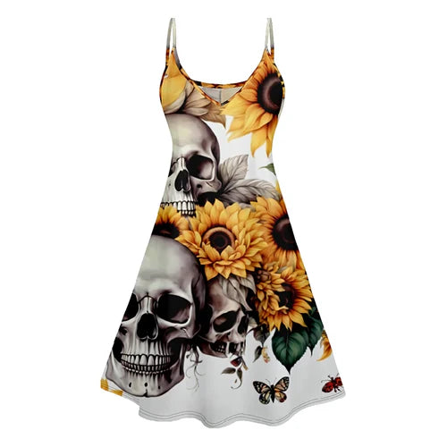 Dressfo Women's Summer Dresses Halloween Rose Injured Skull Print Hem -  by Dressfo Gothic Clothing Store | Available at Handbags Specialist Headquarter
