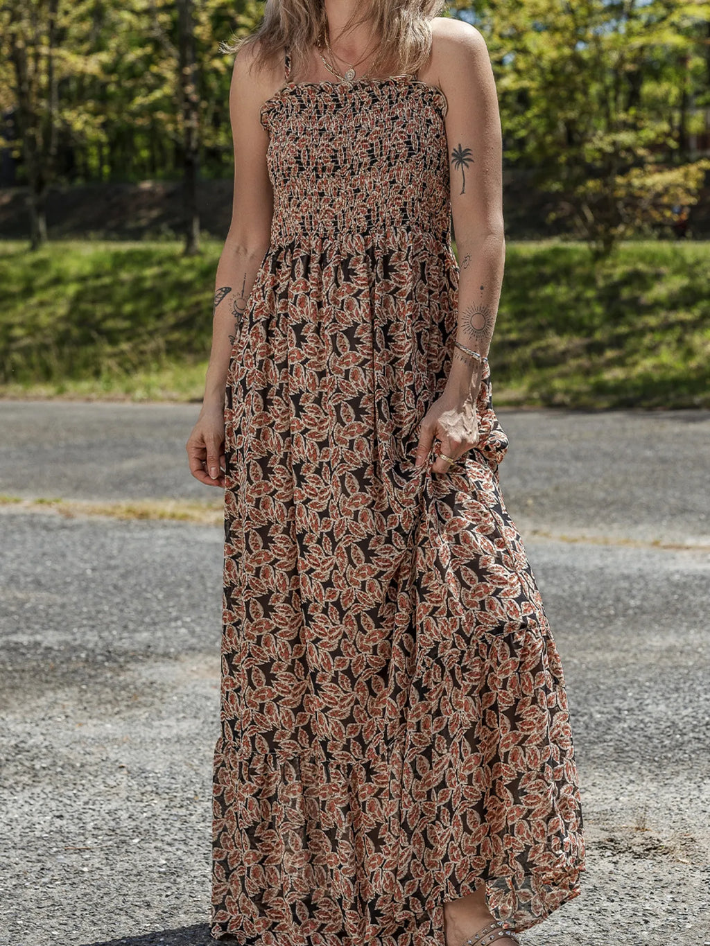 Printed Smocked Bodice Maxi Dress - Maxi Dress by Trendsi | Available at Handbags Specialist Headquarter