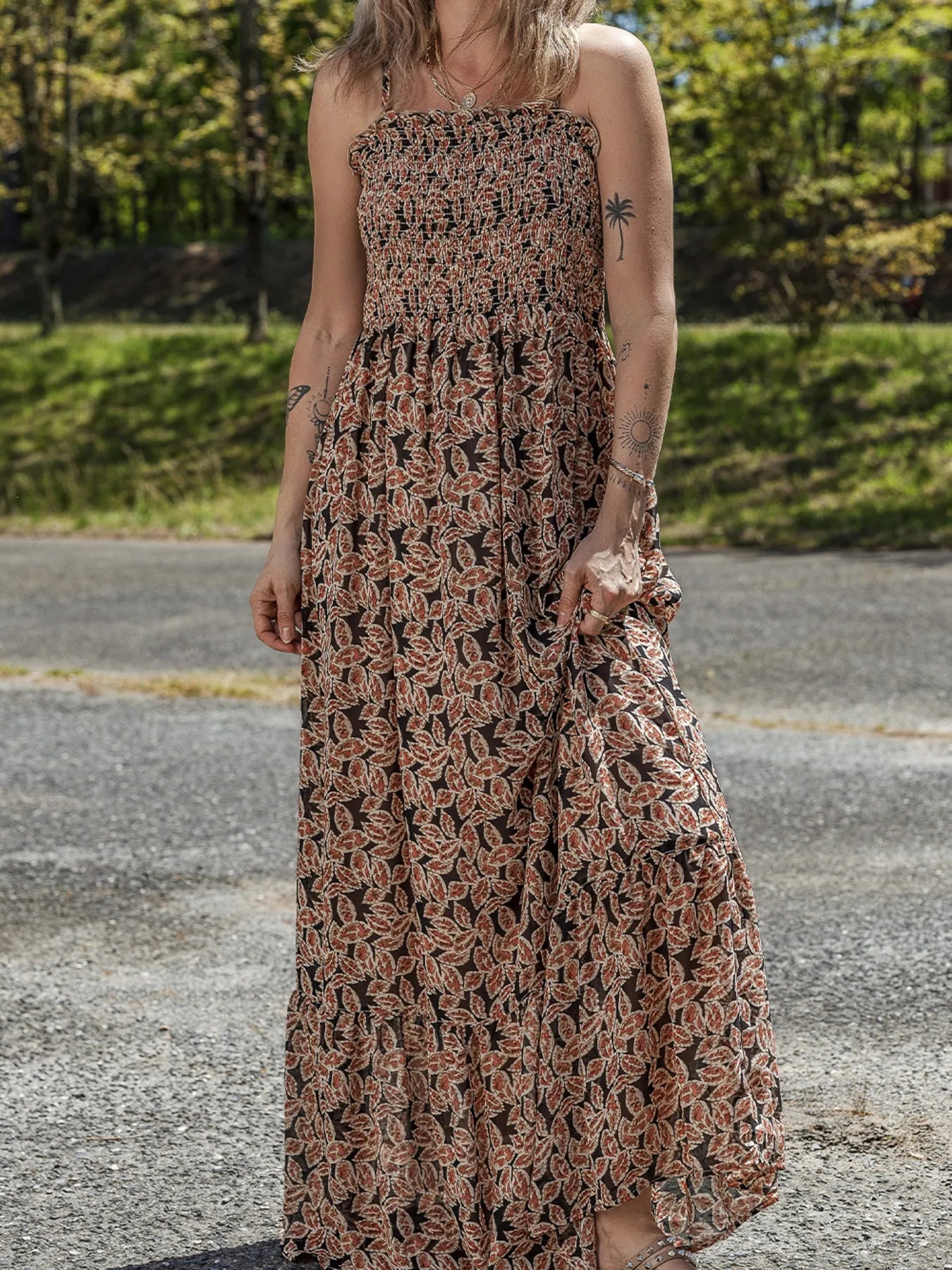 Printed Smocked Bodice Maxi Dress - Maxi Dress by Trendsi | Available at Handbags Specialist Headquarter