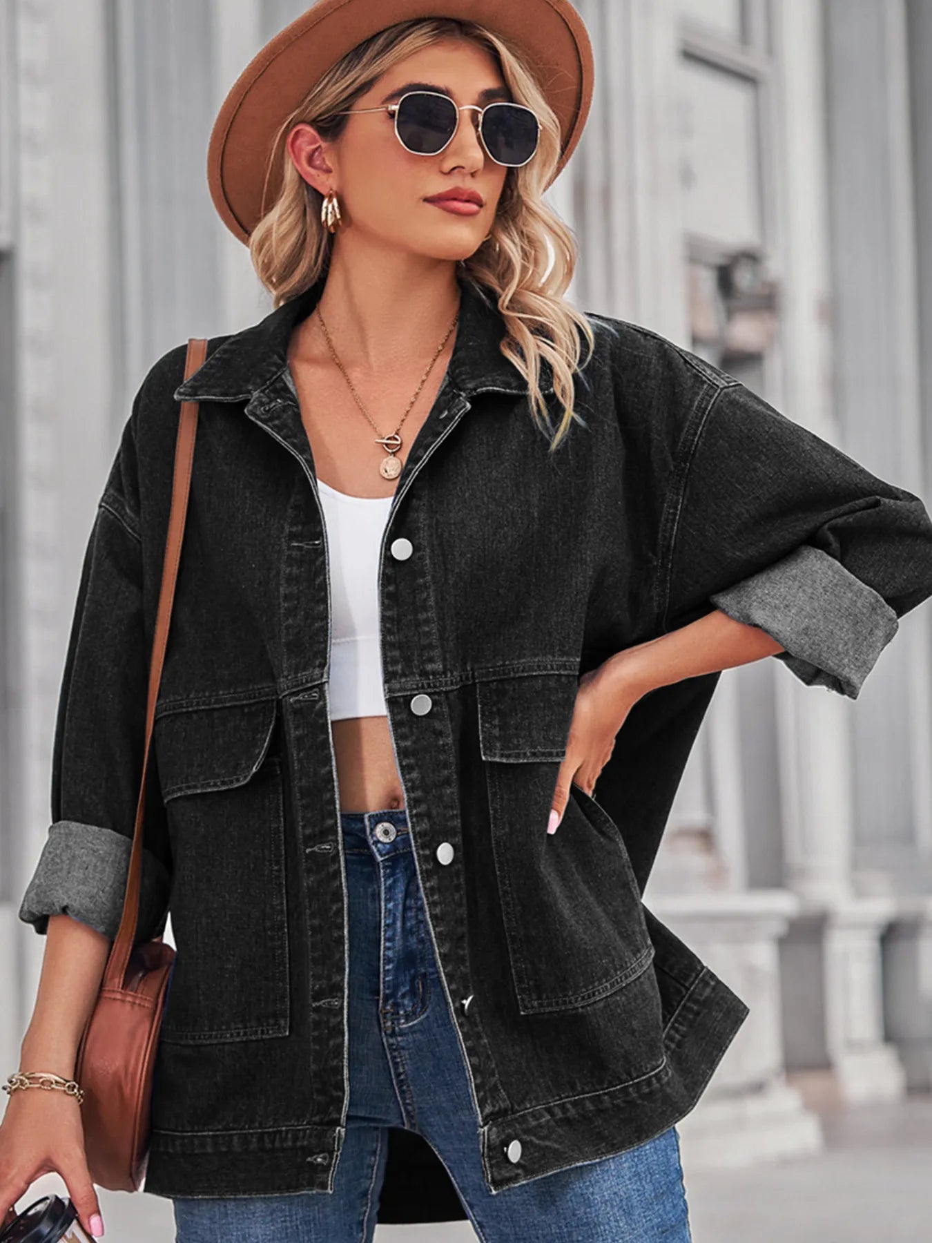 Button Up Long Sleeve Denim Jacket - Tops by Trendsi | Available at Handbags Specialist Headquarter