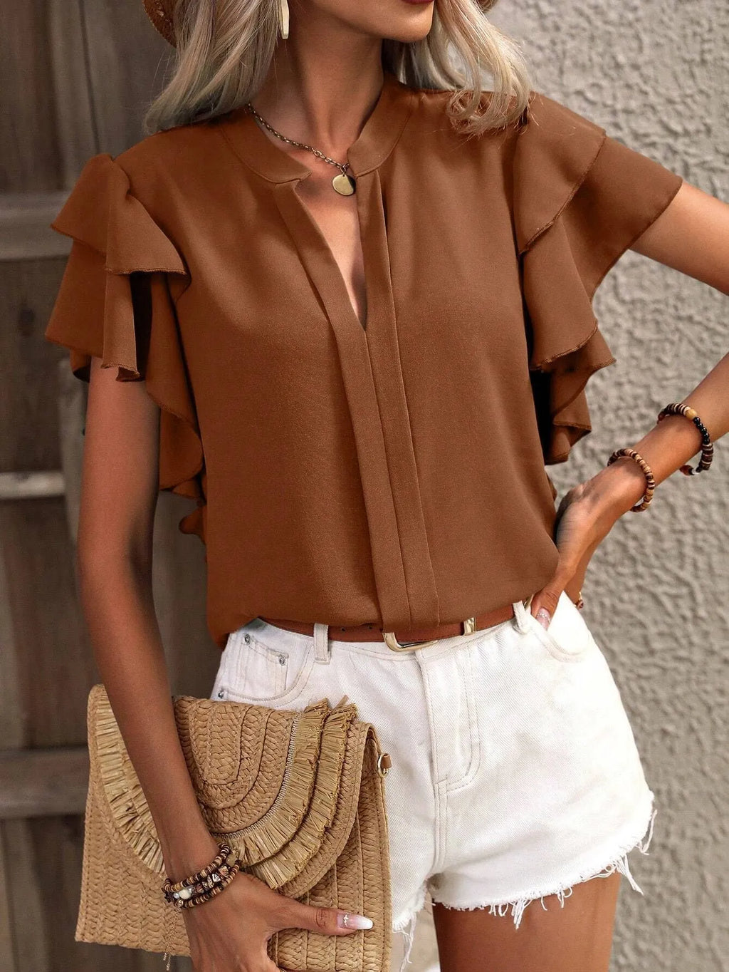 Ruffle Sleeve Notched Blouse - Tops by Trendsi | Available at Handbags Specialist Headquarter