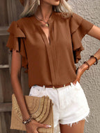 Ruffle Sleeve Notched Blouse - Tops by Trendsi | Available at Handbags Specialist Headquarter