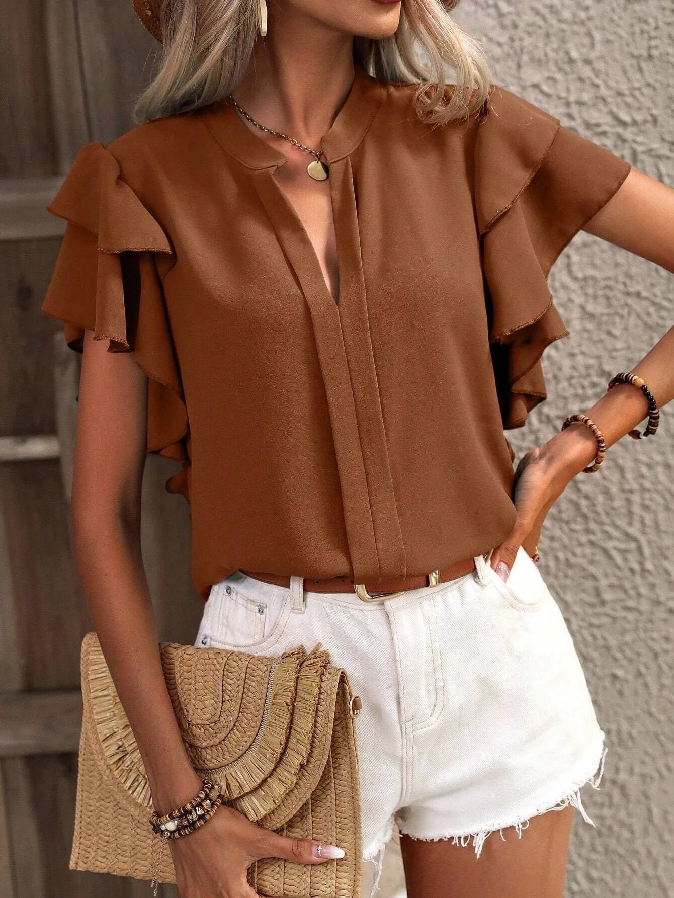 Ruffle Sleeve Notched Blouse - Tops by Trendsi | Available at Handbags Specialist Headquarter