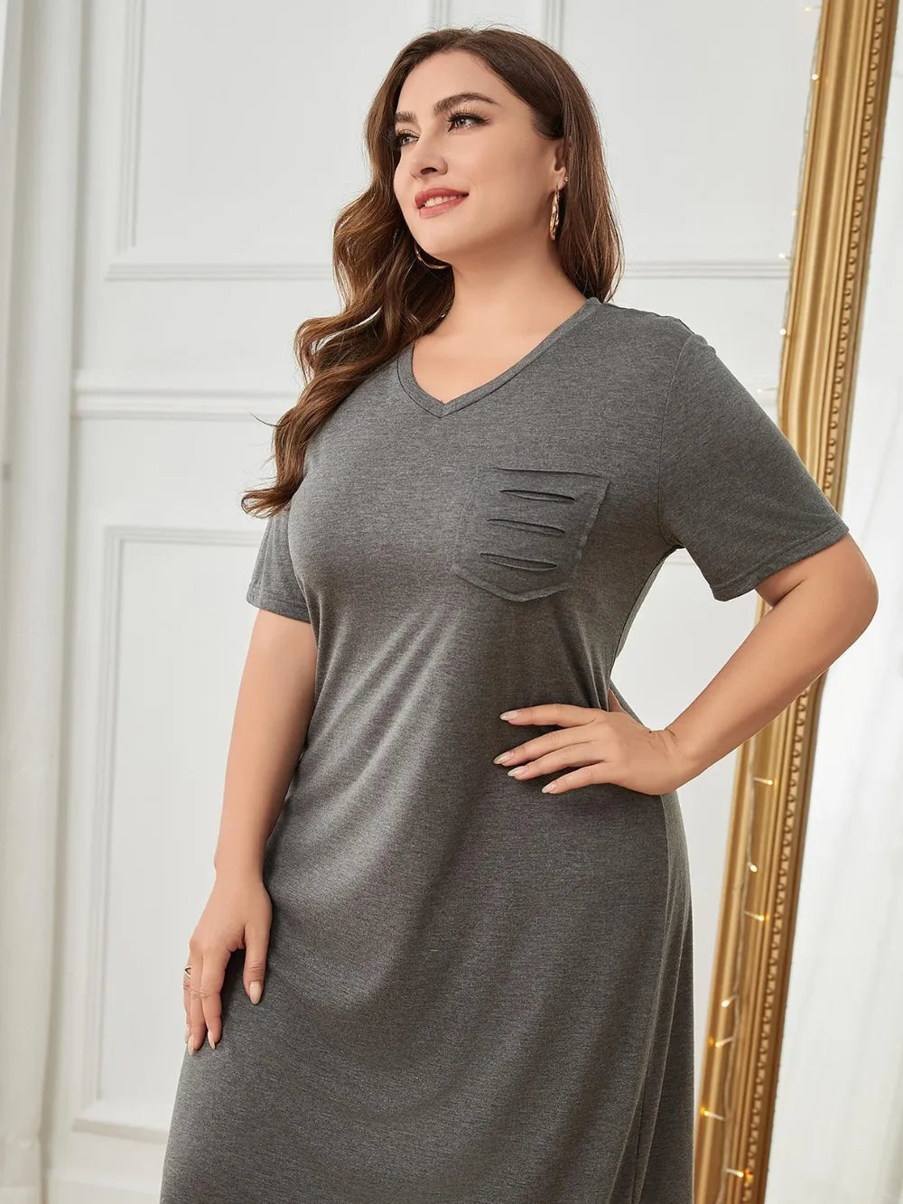 Plus Size Pocketed V-Neck Short Sleeve Lounge Dress - Sleepwear by Trendsi | Available at Handbags Specialist Headquarter