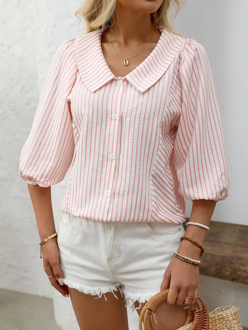 Striped Button Down 3/4 Sleeve Shirt - Women's Down Shirt Tops by Trendsi | Available at Handbags Specialist Headquarter