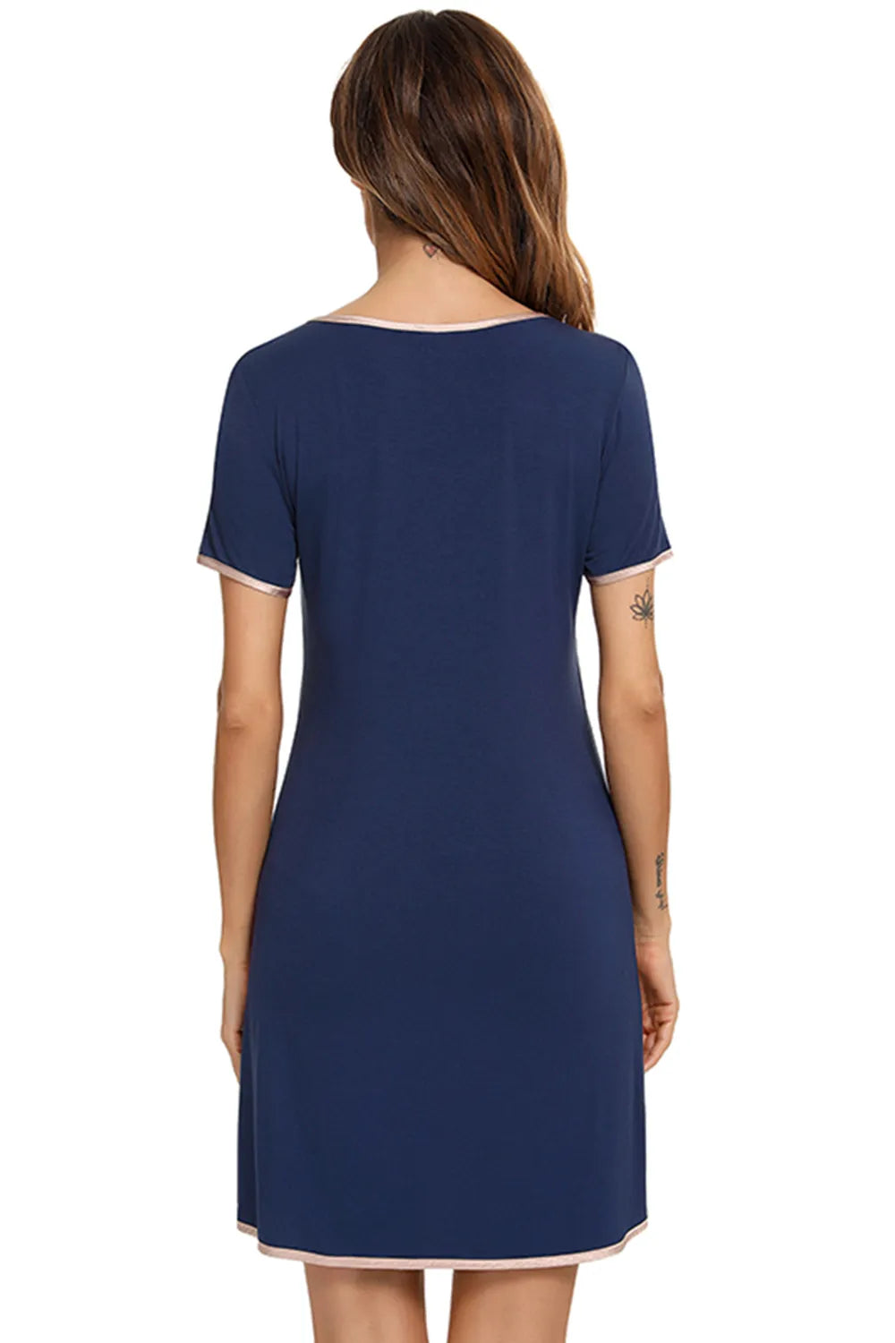 Contrast Trim Pocketed Round Neck Lounge Dress - Sleepwear by Trendsi | Available at Handbags Specialist Headquarter