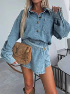 Button-Front Shirt and Mini Skirt Oversized Denim Set - Women / Jeans & Denim by Trendsi | Available at Handbags Specialist Headquarter