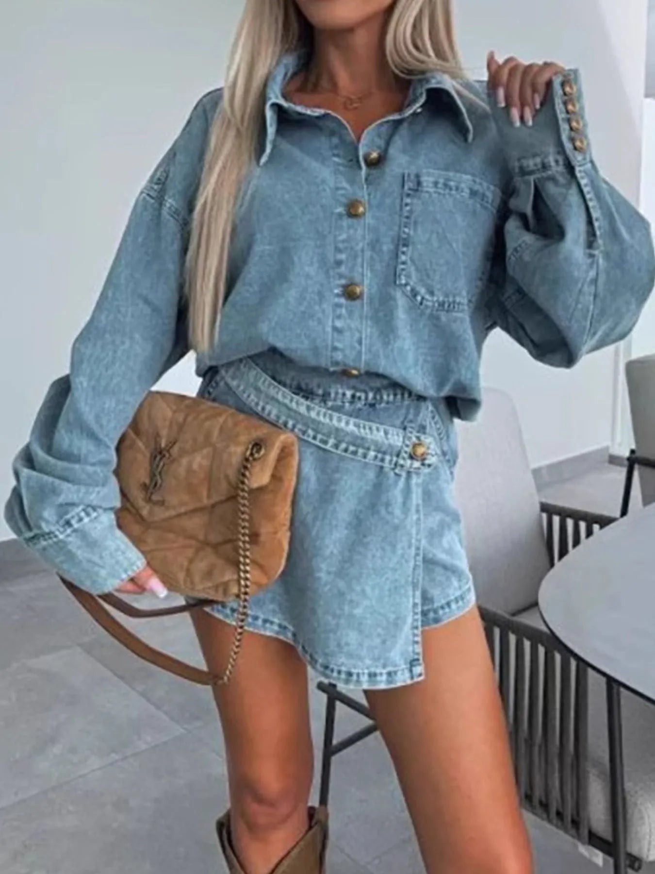 Button-Front Shirt and Mini Skirt Oversized Denim Set - Women / Jeans & Denim by Trendsi | Available at Handbags Specialist Headquarter